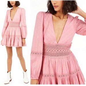 Free‎ People Pink Delightful Mini Long Sleeve V neck Embroidered Crochet Dress 2